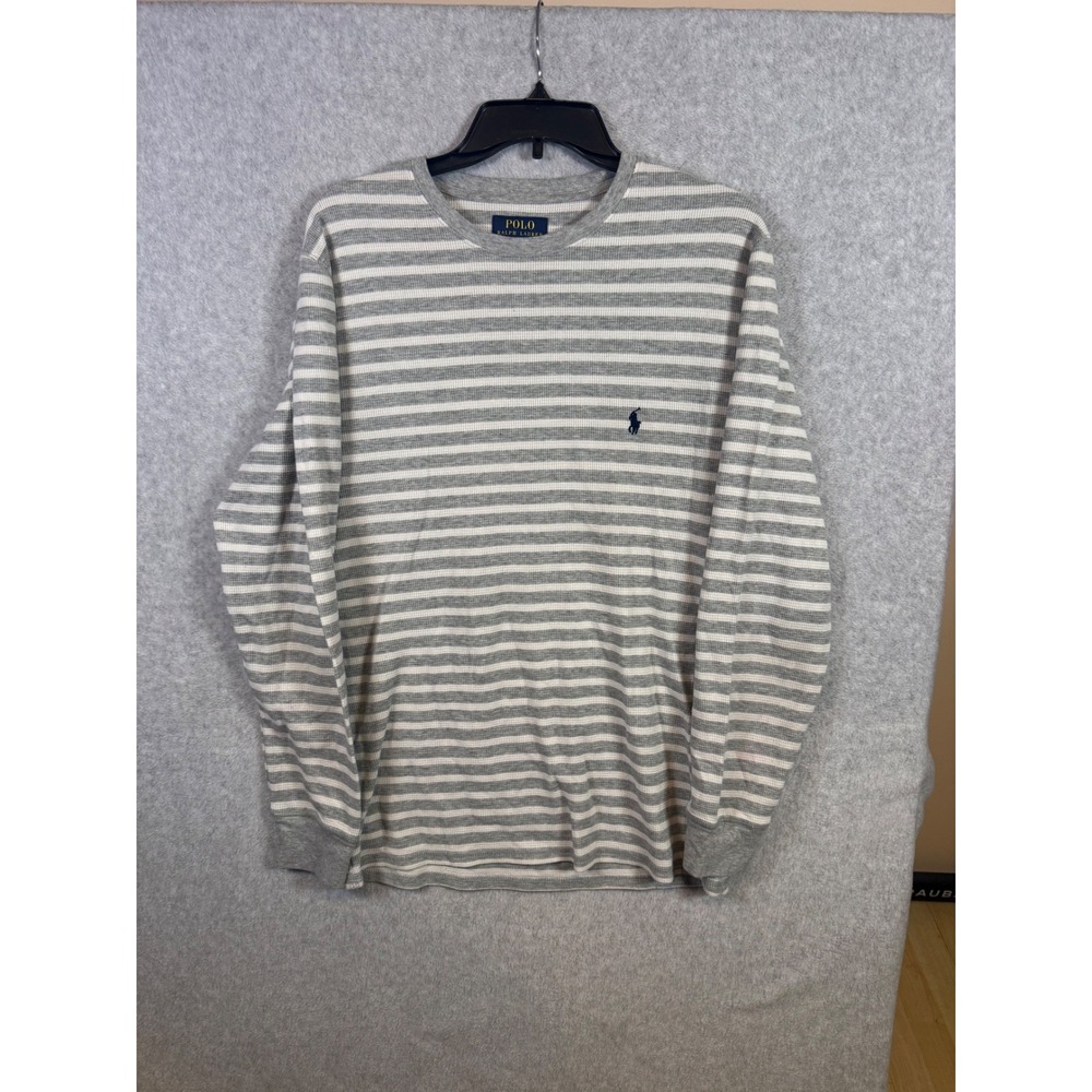 Polo Ralph Lauren Mens Large Grey White Striped Thermal Long Sleeve Sleep Shirt